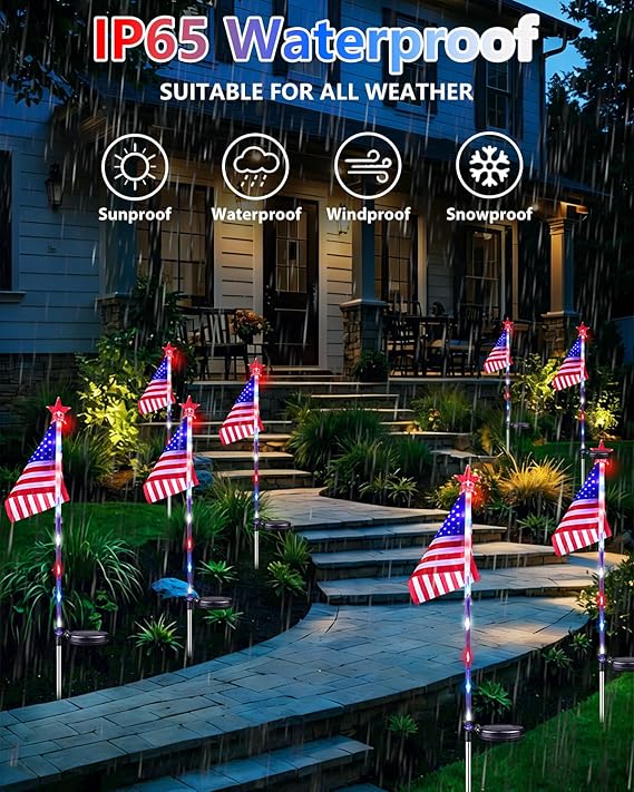 4th of July Decorations Outdoor Solar Lights, 10 Pack Red White and Blue American Flag Star Lights for National Day, Waterproof Patriotic Light for Independence Day 250th Anniversary Garden Yard Path