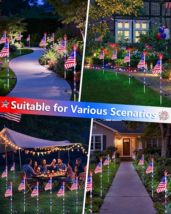 4th of July Decorations Outdoor Solar Lights, 10 Pack Red White and Blue American Flag Star Lights for National Day, Waterproof Patriotic Light for Independence Day 250th Anniversary Garden Yard Path