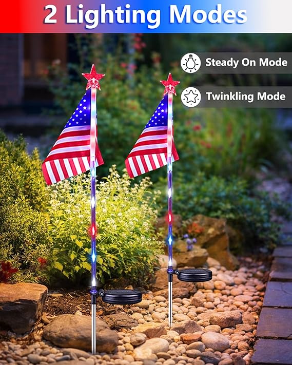 4th of July Decorations Outdoor Solar Lights, 10 Pack Red White and Blue American Flag Star Lights for National Day, Waterproof Patriotic Light for Independence Day 250th Anniversary Garden Yard Path
