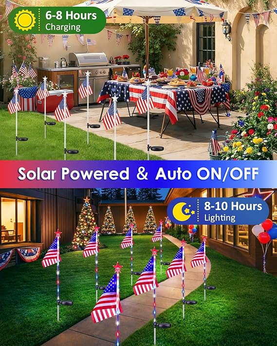 4th of July Decorations Outdoor Solar Lights, 10 Pack Red White and Blue American Flag Star Lights for National Day, Waterproof Patriotic Light for Independence Day 250th Anniversary Garden Yard Path