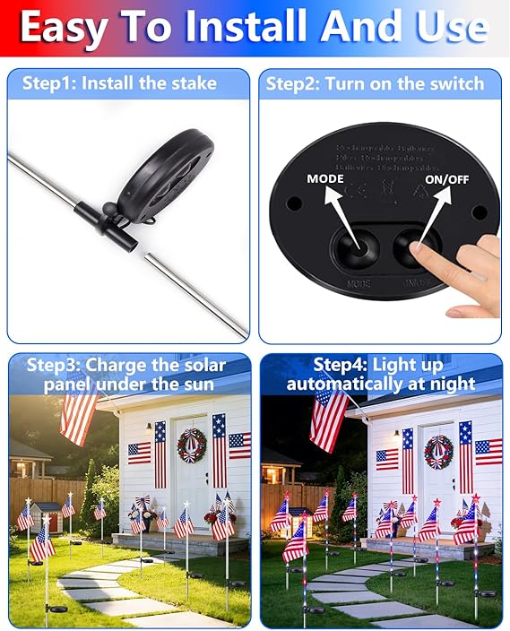 4th of July Decorations Outdoor Solar Lights, 10 Pack Red White and Blue American Flag Star Lights for National Day, Waterproof Patriotic Light for Independence Day 250th Anniversary Garden Yard Path