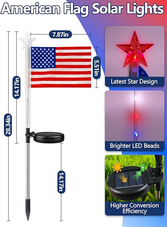 4th of July Decorations Outdoor Solar Lights, 10 Pack Red White and Blue American Flag Star Lights for National Day, Waterproof Patriotic Light for Independence Day 250th Anniversary Garden Yard Path