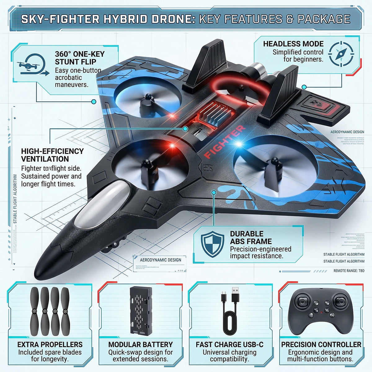 Foam Remote Control Airplanes, RC Plane with Light, RC Airplane Fighter Jet, 360° Flip, Stunt Roll, Airplane Drone for Men, RC Airplane (Blue)