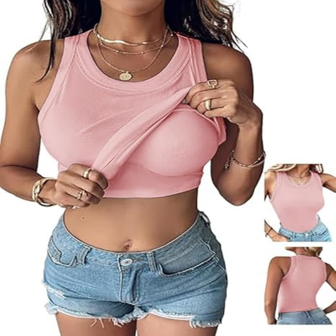 🔥Limited-time 50% off⏰Round Neck Built-in Bra Ribbed Tank Top💥