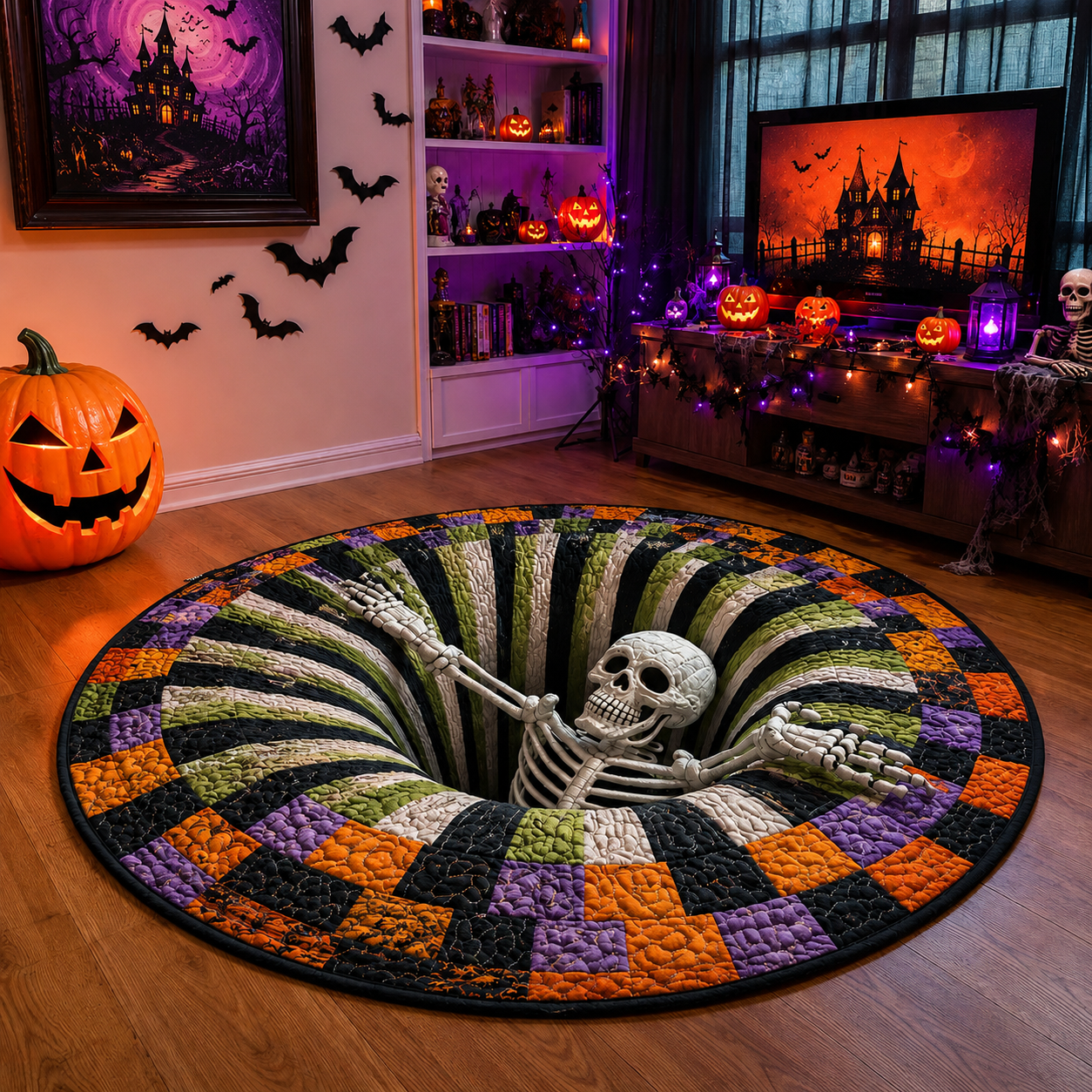 🔥Last Day Promotion🎃3D Skeleton Vortex Quilted Round Halloween Rug