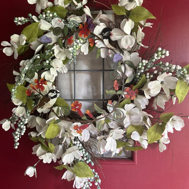 Chickadees & Flowers Wreath Wall Art | Hand Painted | Rusted Metal Yard Art