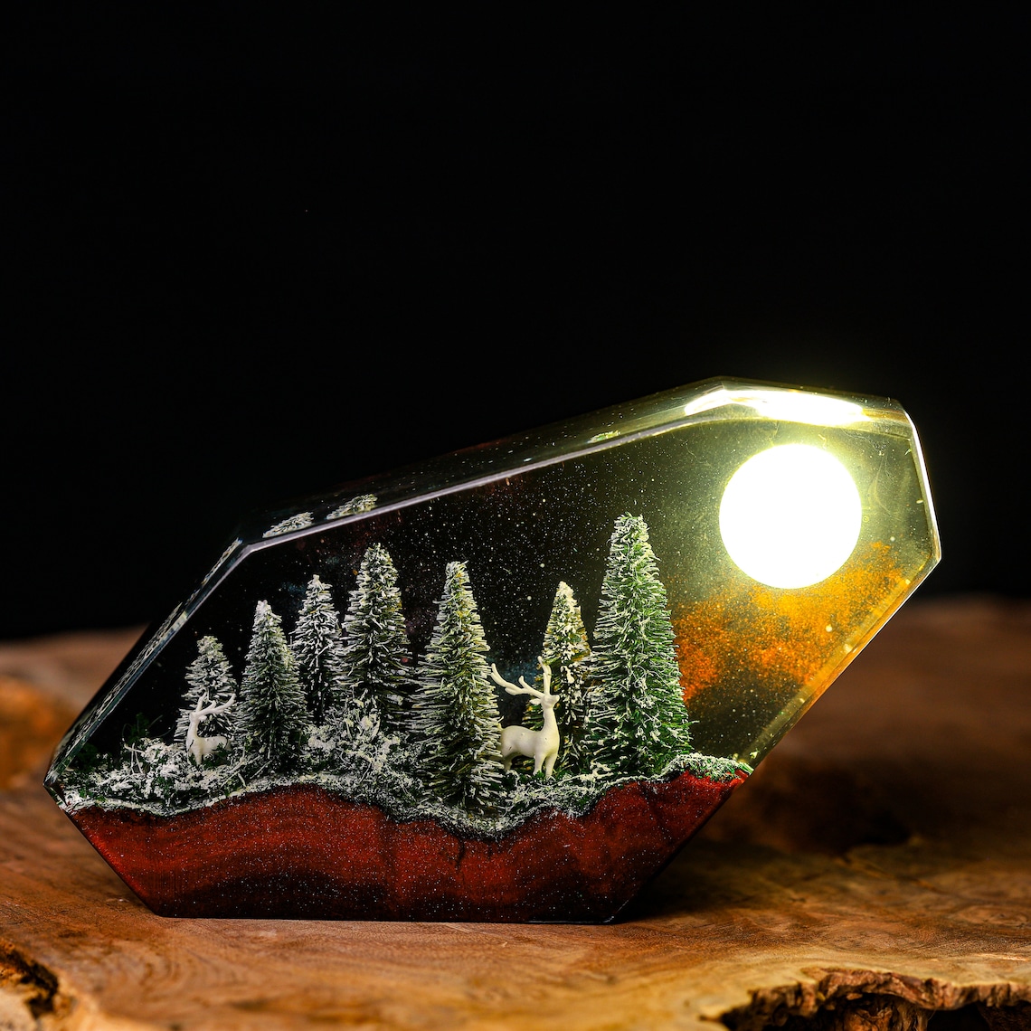Winter snowy forest with walking deer epoxy lights | Winter home decor | Handmade resin art
