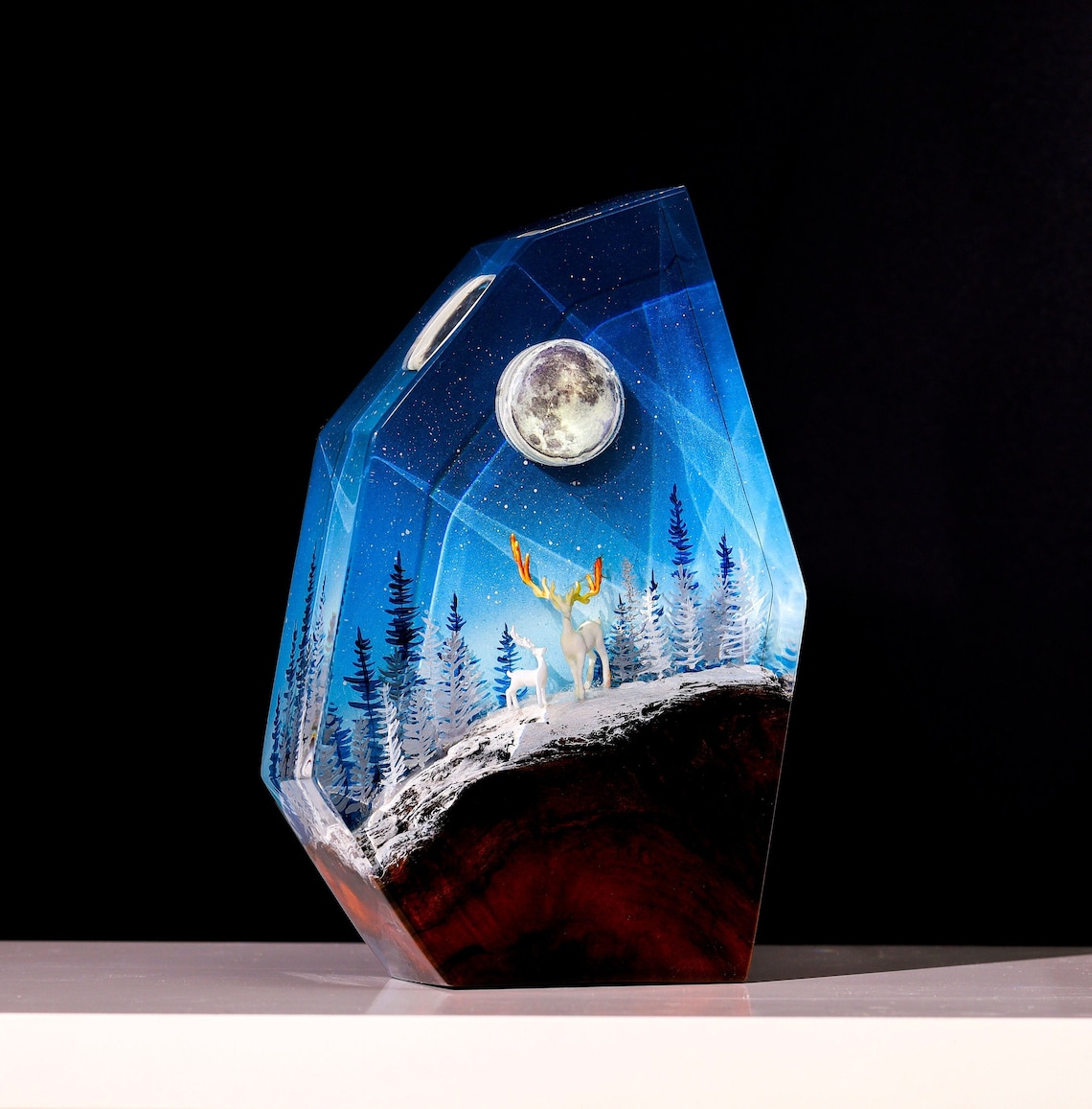 Winter snowy forest with walking deer epoxy lights | Winter home decor | Handmade resin art