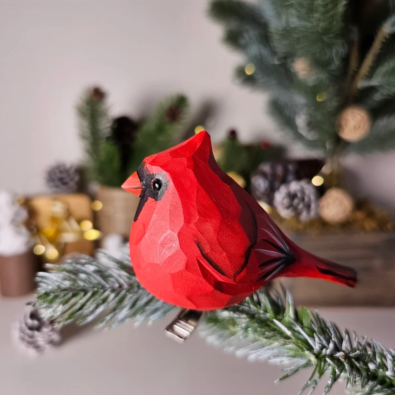 Charming Handcrafted Clip-On Christmas Tree Bird Ornament | Woodcarving Art | Hand Painted Art