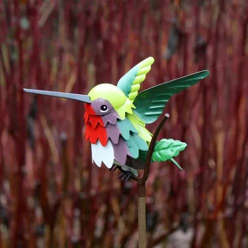 Goldfinch, Cardinal, Western Bluebird, Ruby-throated Hummingbird on a garden stake