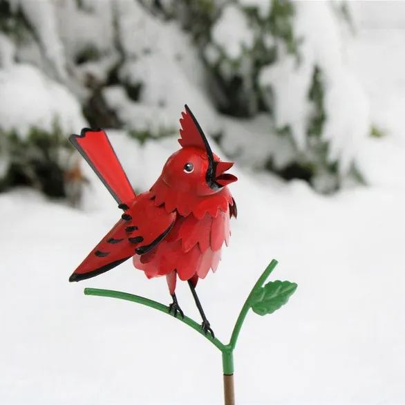 Goldfinch, Cardinal, Western Bluebird, Ruby-throated Hummingbird on a garden stake