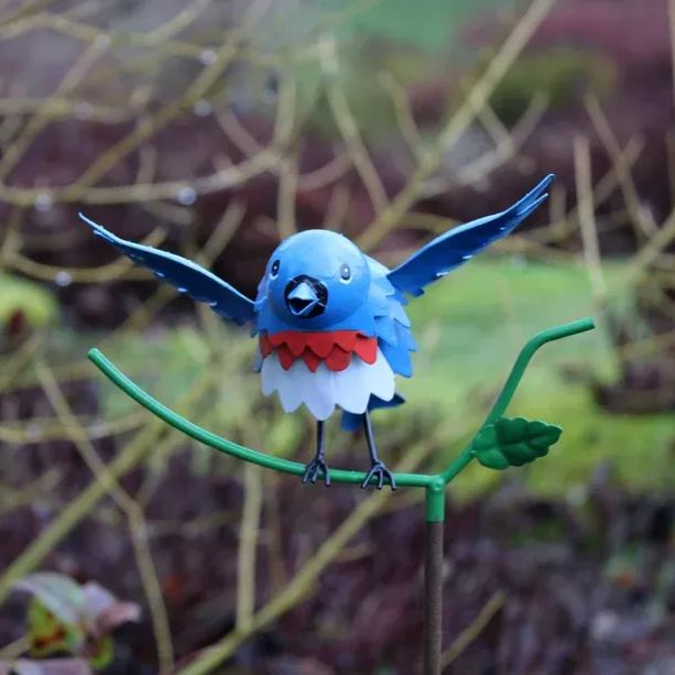 Goldfinch, Cardinal, Western Bluebird, Ruby-throated Hummingbird on a garden stake