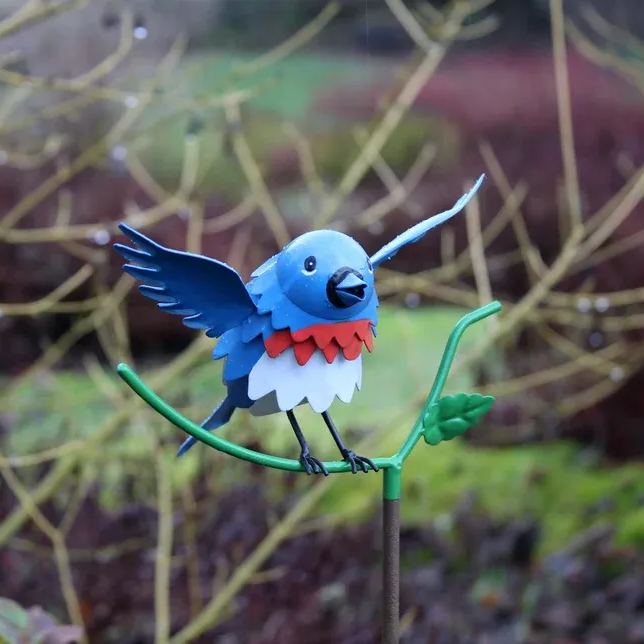 Goldfinch, Cardinal, Western Bluebird, Ruby-throated Hummingbird on a garden stake