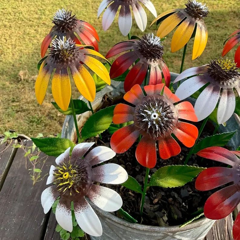 Handcrafted Echinacea Garden Stake | Metal Art | Hand Painted Art