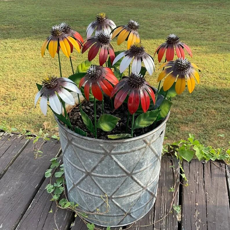 Handcrafted Echinacea Garden Stake | Metal Art | Hand Painted Art