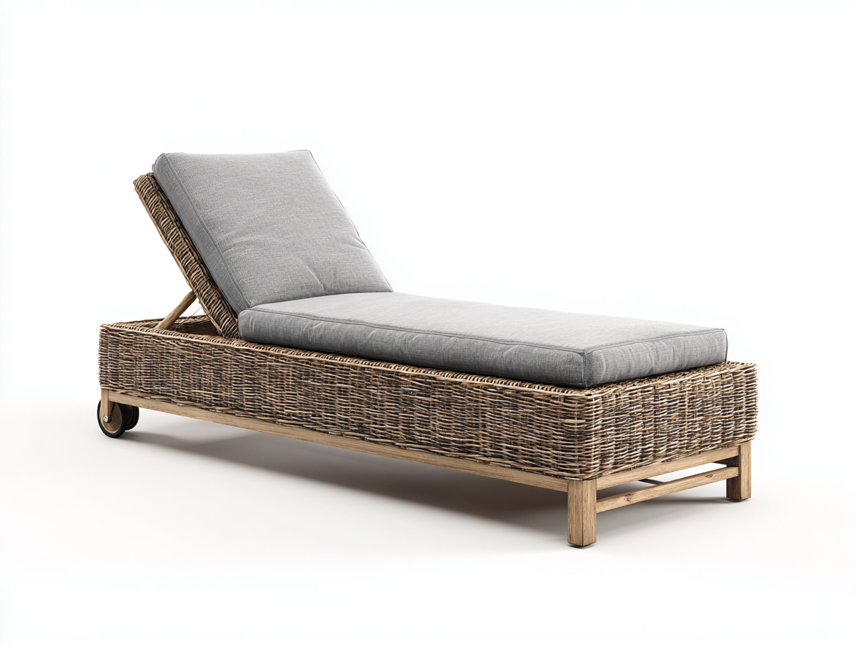 Sonnenliege-Rattan-Holz-Textil-192x68x40 cm-Natur-Grau-Ruhiger Gartenstil-Nestgoio