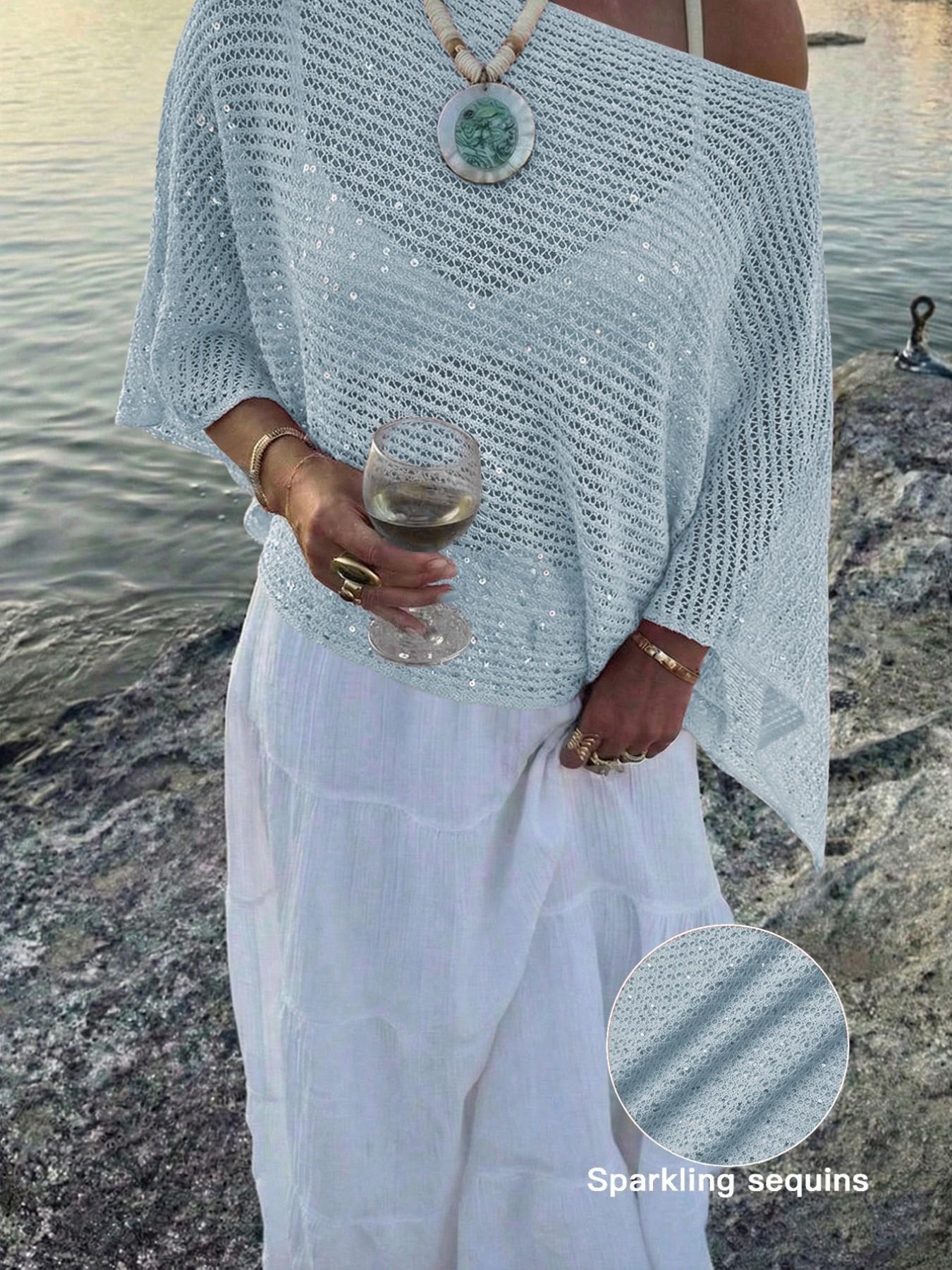 Elegant Women's Spring Summer Fashion Casual Knitted Hollow Out Hoodie, Sequin Boat Neck Pure Color Semi-Transparent Top Elegant Women's Spring Summer Fashion Casual Knitted Hollow Out Hoodie, Sequin Boat Neck Pure Color Semi-Transparent Top