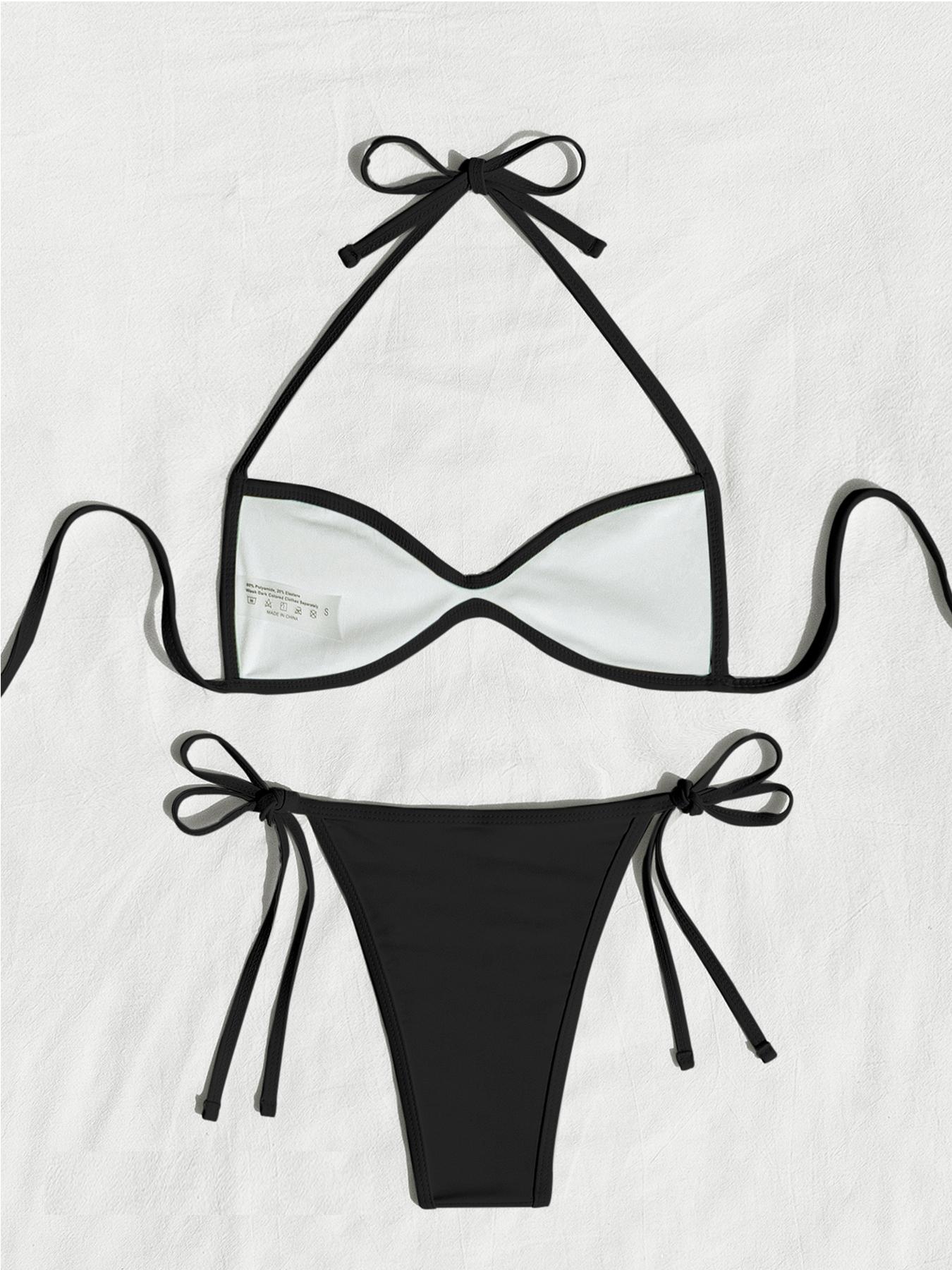 Women's Two-piece Plain or Colorblock Bikinis Set for Summer, Halter Tie-Back Bikini Top & Tie-Side High-Cut Bikini Bottom, Ladies Summer Swimwear for Beach Holiday Women's Two-piece Plain or Colorblock Bikinis Set for Summer, Halter Tie-Back Bikini Top & Tie-Side High-Cut Bikini Bottom, Ladies Summer Swimwear for Beach Holiday