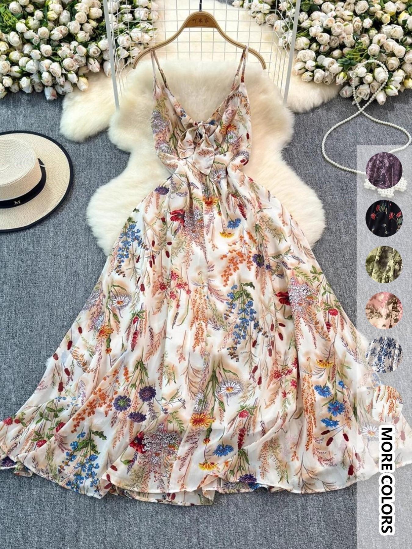 Women's Boho Style Floral-Print Spaghetti Strap Cami Dress, Bohemian Fashion Casual A-Line Dress for Beach Holiday Vacation, Perfect for Summer