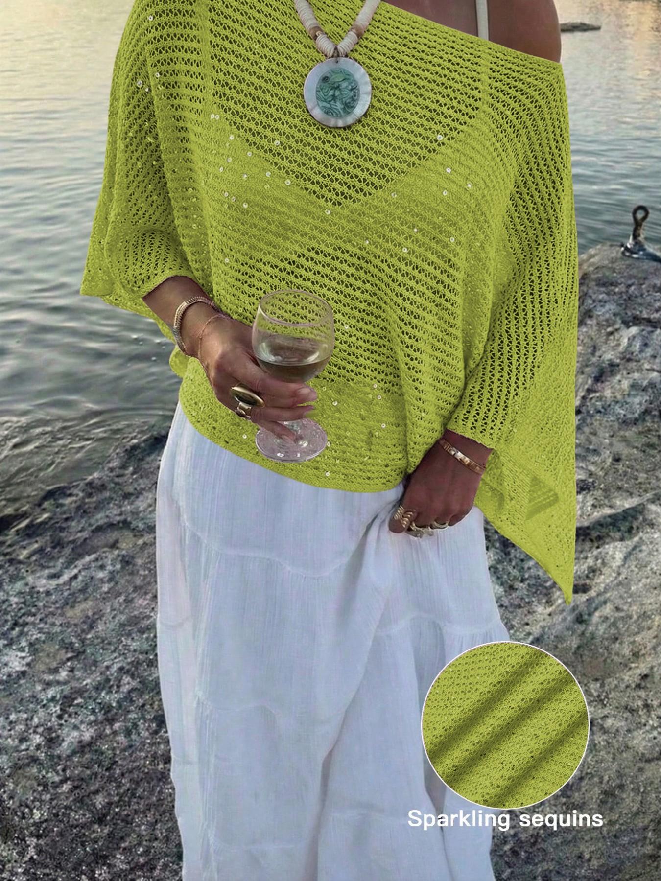 Elegant Women's Spring Summer Fashion Casual Knitted Hollow Out Hoodie, Sequin Boat Neck Pure Color Semi-Transparent Top Elegant Women's Spring Summer Fashion Casual Knitted Hollow Out Hoodie, Sequin Boat Neck Pure Color Semi-Transparent Top