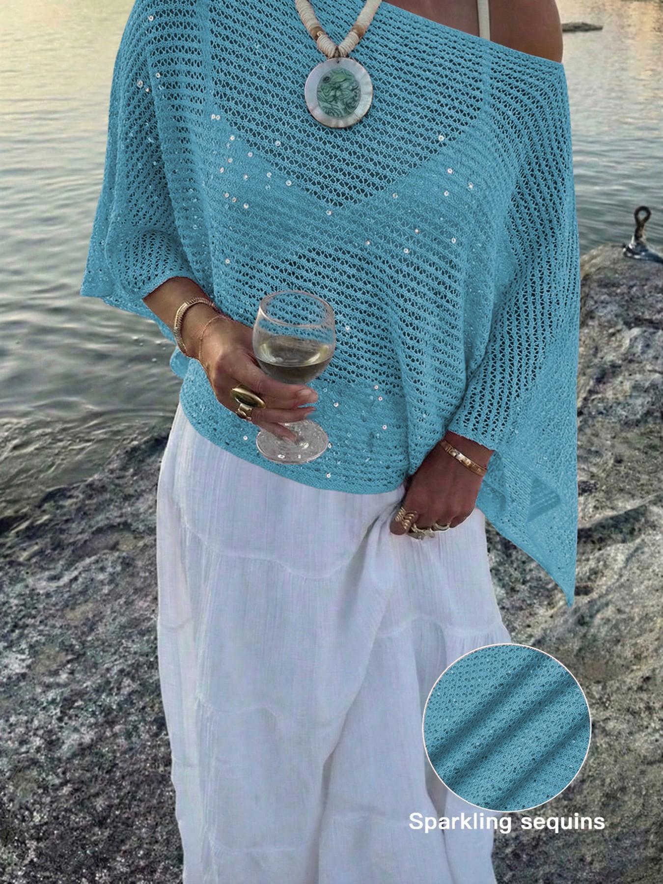 Elegant Women's Spring Summer Fashion Casual Knitted Hollow Out Hoodie, Sequin Boat Neck Pure Color Semi-Transparent Top Elegant Women's Spring Summer Fashion Casual Knitted Hollow Out Hoodie, Sequin Boat Neck Pure Color Semi-Transparent Top