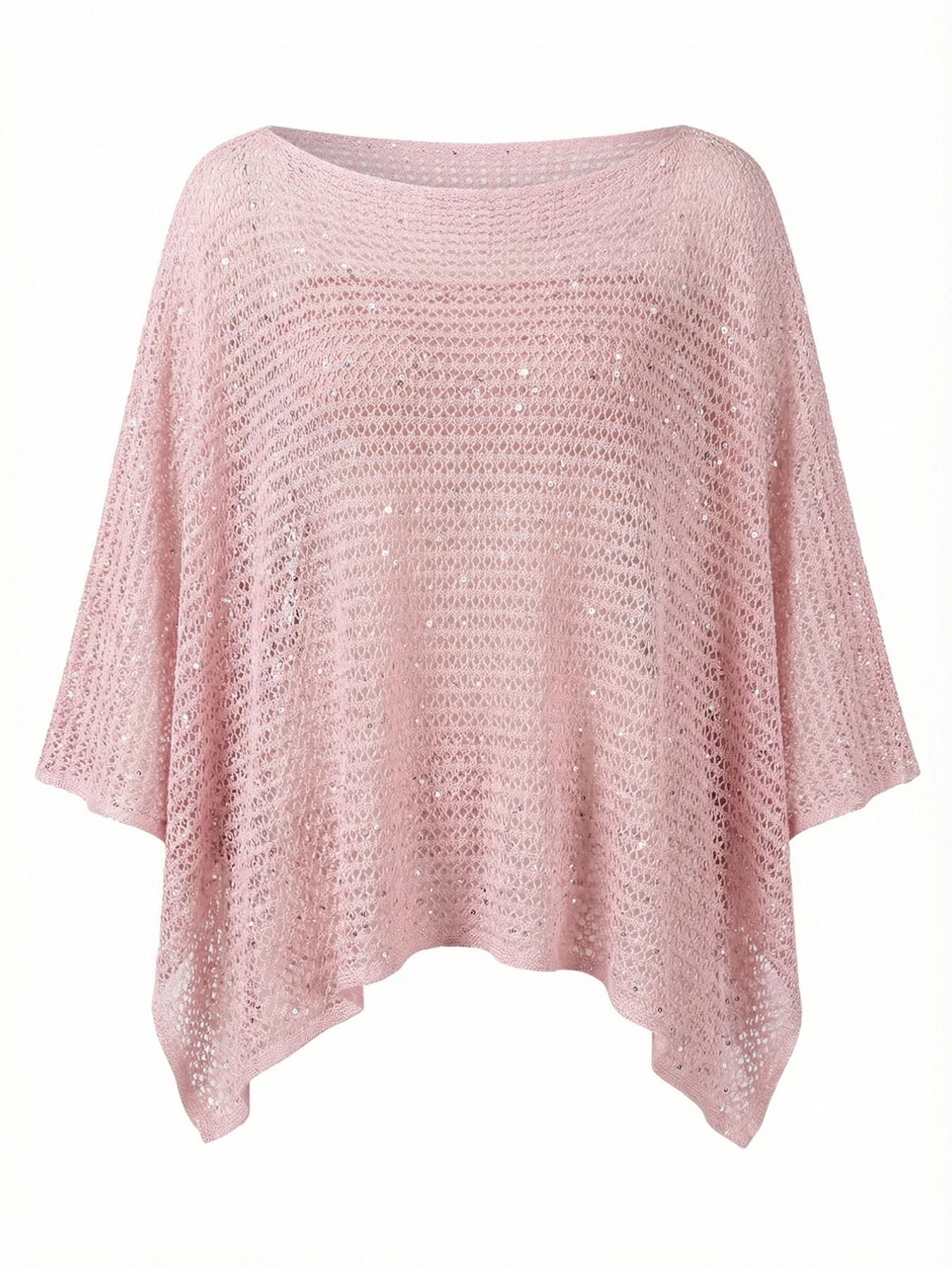 Elegant Women's Spring Summer Fashion Casual Knitted Hollow Out Hoodie, Sequin Boat Neck Pure Color Semi-Transparent Top Elegant Women's Spring Summer Fashion Casual Knitted Hollow Out Hoodie, Sequin Boat Neck Pure Color Semi-Transparent Top
