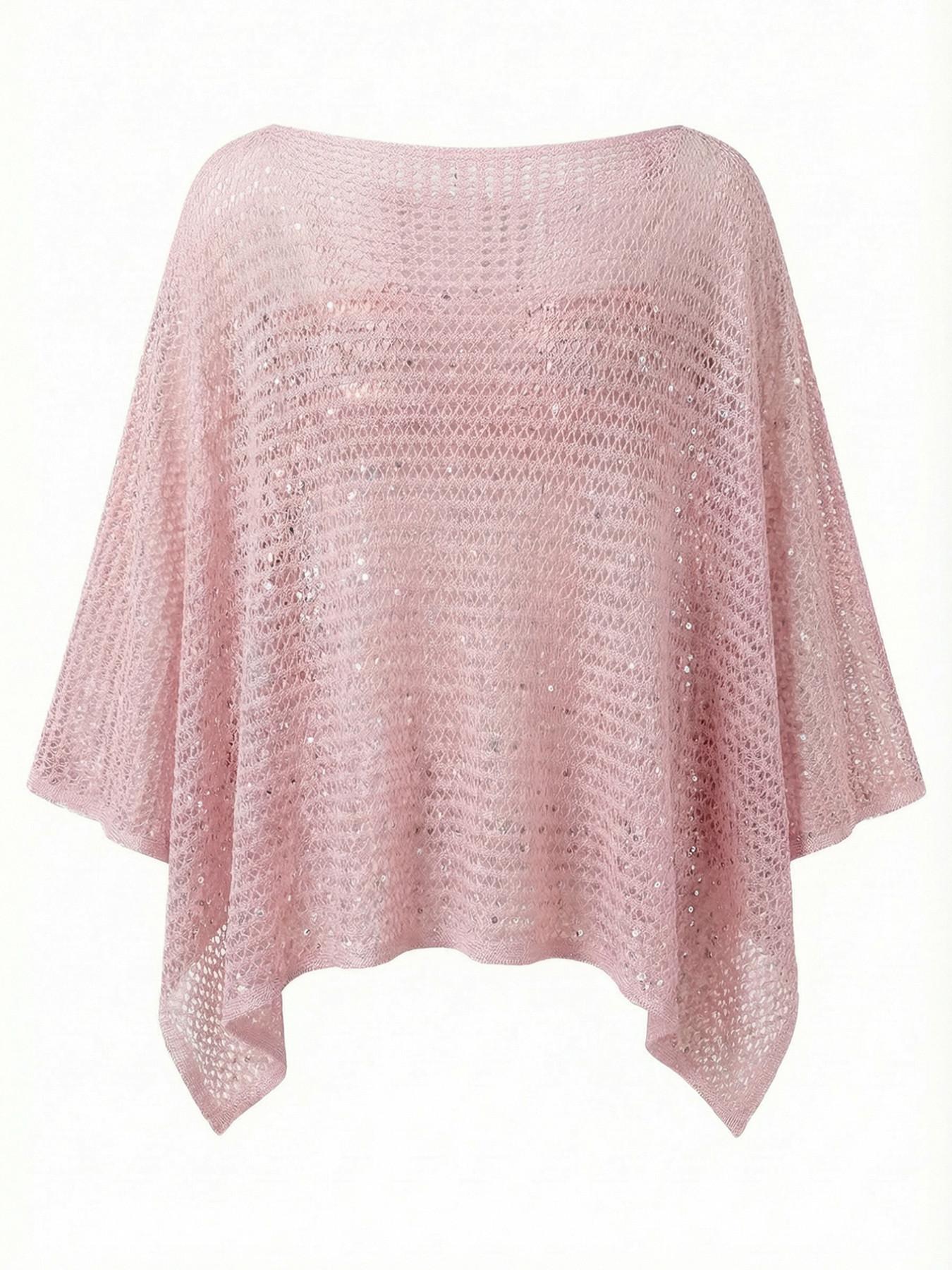 Elegant Women's Spring Summer Fashion Casual Knitted Hollow Out Hoodie, Sequin Boat Neck Pure Color Semi-Transparent Top Elegant Women's Spring Summer Fashion Casual Knitted Hollow Out Hoodie, Sequin Boat Neck Pure Color Semi-Transparent Top
