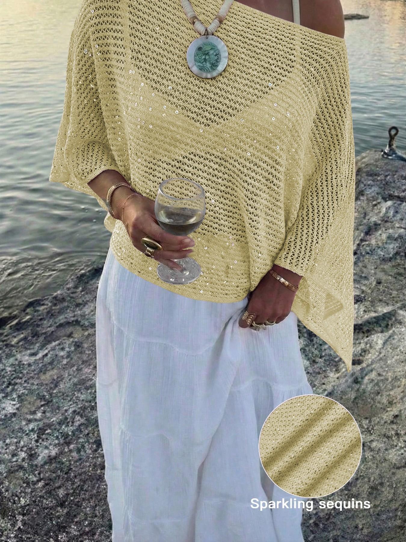 Elegant Women's Spring Summer Fashion Casual Knitted Hollow Out Hoodie, Sequin Boat Neck Pure Color Semi-Transparent Top Elegant Women's Spring Summer Fashion Casual Knitted Hollow Out Hoodie, Sequin Boat Neck Pure Color Semi-Transparent Top