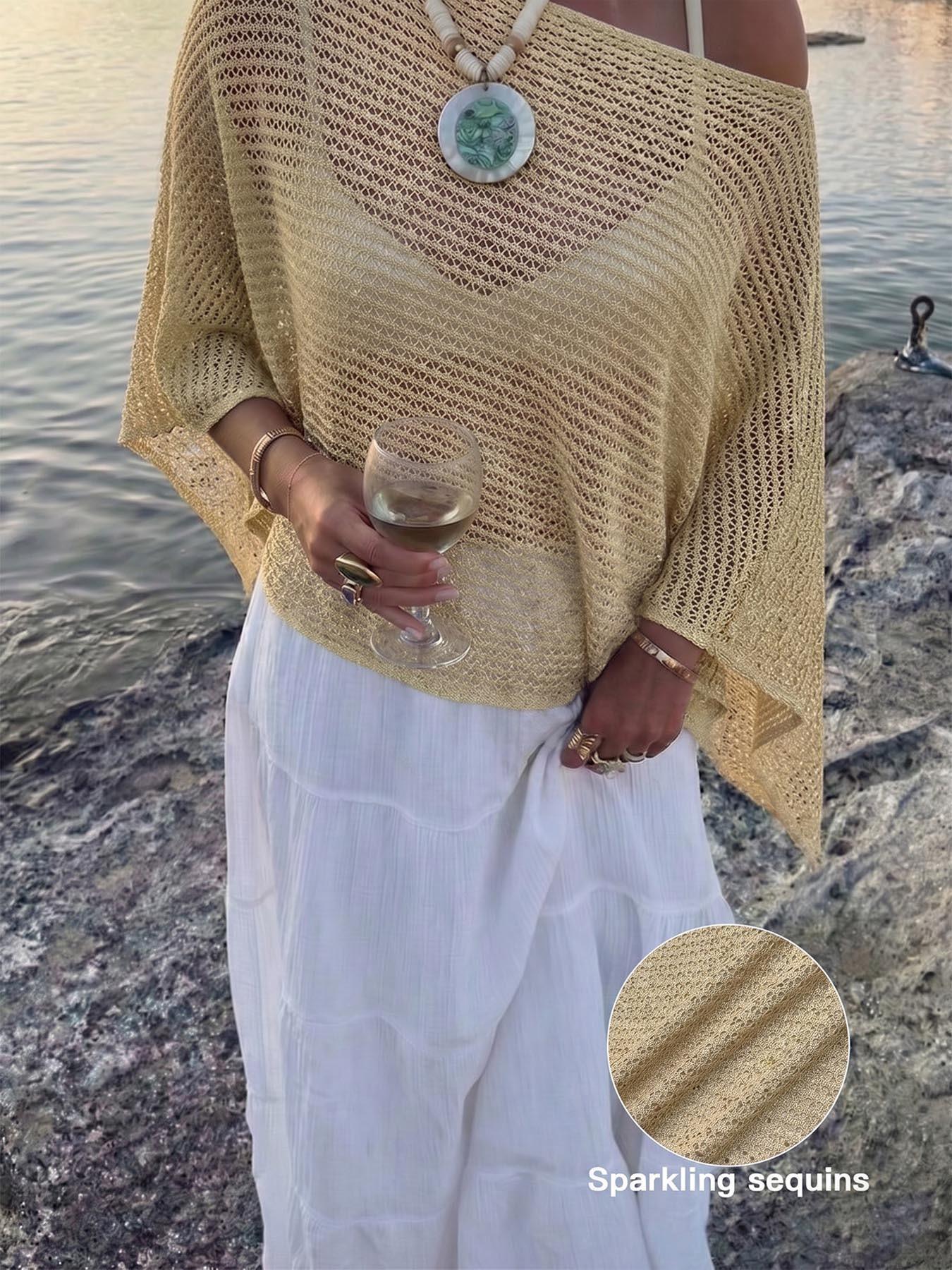 Elegant Women's Spring Summer Fashion Casual Knitted Hollow Out Hoodie, Sequin Boat Neck Pure Color Semi-Transparent Top Elegant Women's Spring Summer Fashion Casual Knitted Hollow Out Hoodie, Sequin Boat Neck Pure Color Semi-Transparent Top