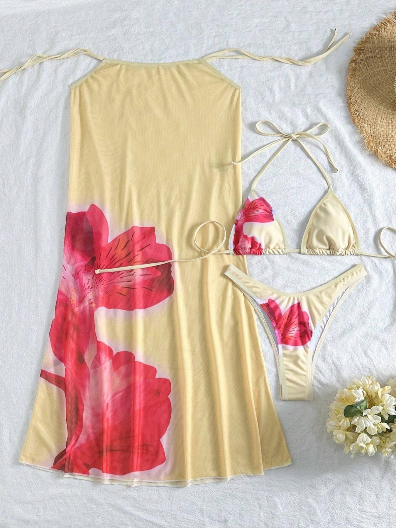 Three-Piece Women's Floral Print Bikini Set, Casual Fashion Chic Swimsuit Set for Beach Vacation, Ladies Swimwear for All Seasons, Flower Print Bikini, Tie Side Bikini Three-Piece Women's Floral Print Bikini Set, Casual Fashion Chic Swimsuit Set for Beach Vacation, Ladies Swimwear for All Seasons, Flower Print Bikini, Tie Side Bikini