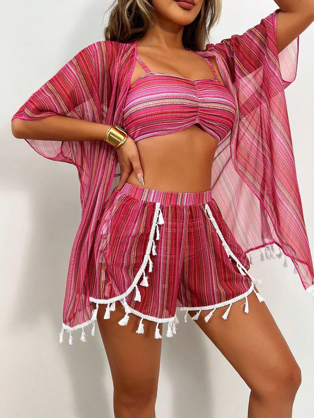 BIGWIG Women's Strappy Set, Four-Piece Printed Swimsuit, Sexy Bandage-Style Beachwear, Bohemian Resort Set, Sun Protection Cover-Up, Sexy Tassel Four-Piece Set, Swimsuit Set bathing suit bikini tankini women Floral Silk rash guard BIGWIG Women's Strappy Set, Four-Piece Printed Swimsuit, Sexy Bandage-Style Beachwear, Bohemian Resort Set, Sun Protection Cover-Up, Sexy Tassel Four-Piece Set, Swimsuit Set bathing suit bikini tankini women Floral Silk rash guard