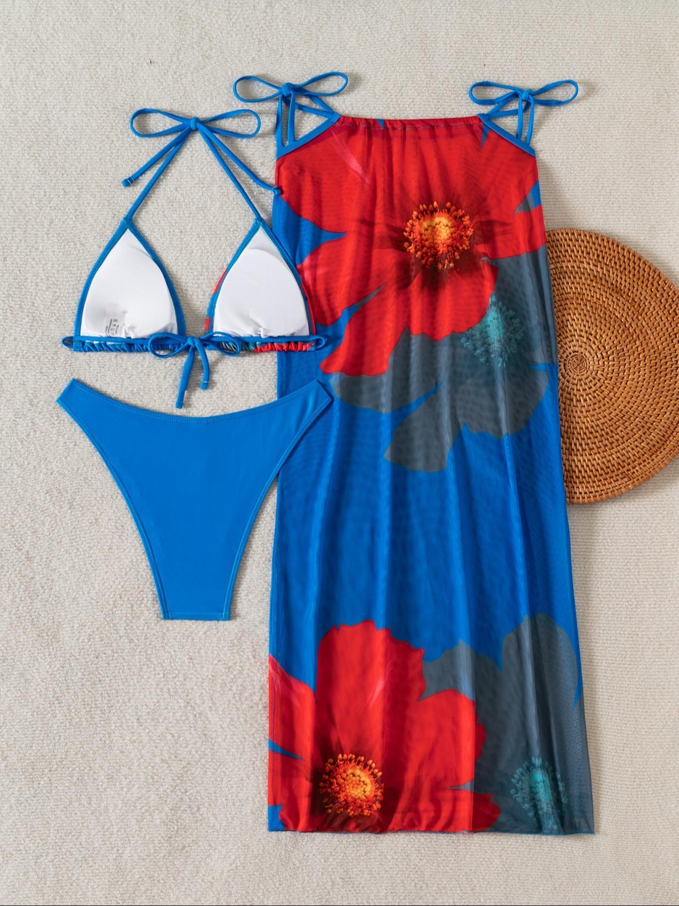 Three-Piece Women's Floral Print Bikini Set, Casual Fashion Chic Swimsuit Set for Beach Vacation, Ladies Swimwear for All Seasons, Flower Print Bikini, Tie Side Bikini Three-Piece Women's Floral Print Bikini Set, Casual Fashion Chic Swimsuit Set for Beach Vacation, Ladies Swimwear for All Seasons, Flower Print Bikini, Tie Side Bikini