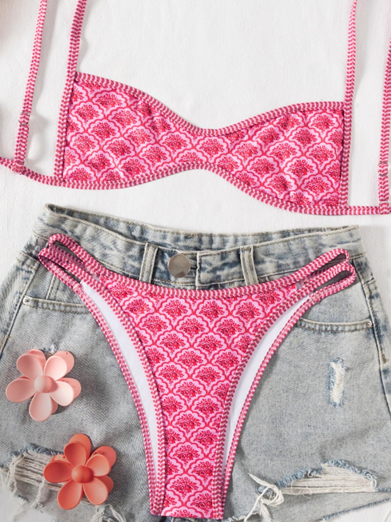 Women's Summer New Ethnic Print Sexy Bikini Set, Sleeveless Quick Dry Thong Bottoms, Beach Resort Pool Party Fashion Swimwear Women's Summer New Ethnic Print Sexy Bikini Set, Sleeveless Quick Dry Thong Bottoms, Beach Resort Pool Party Fashion Swimwear
