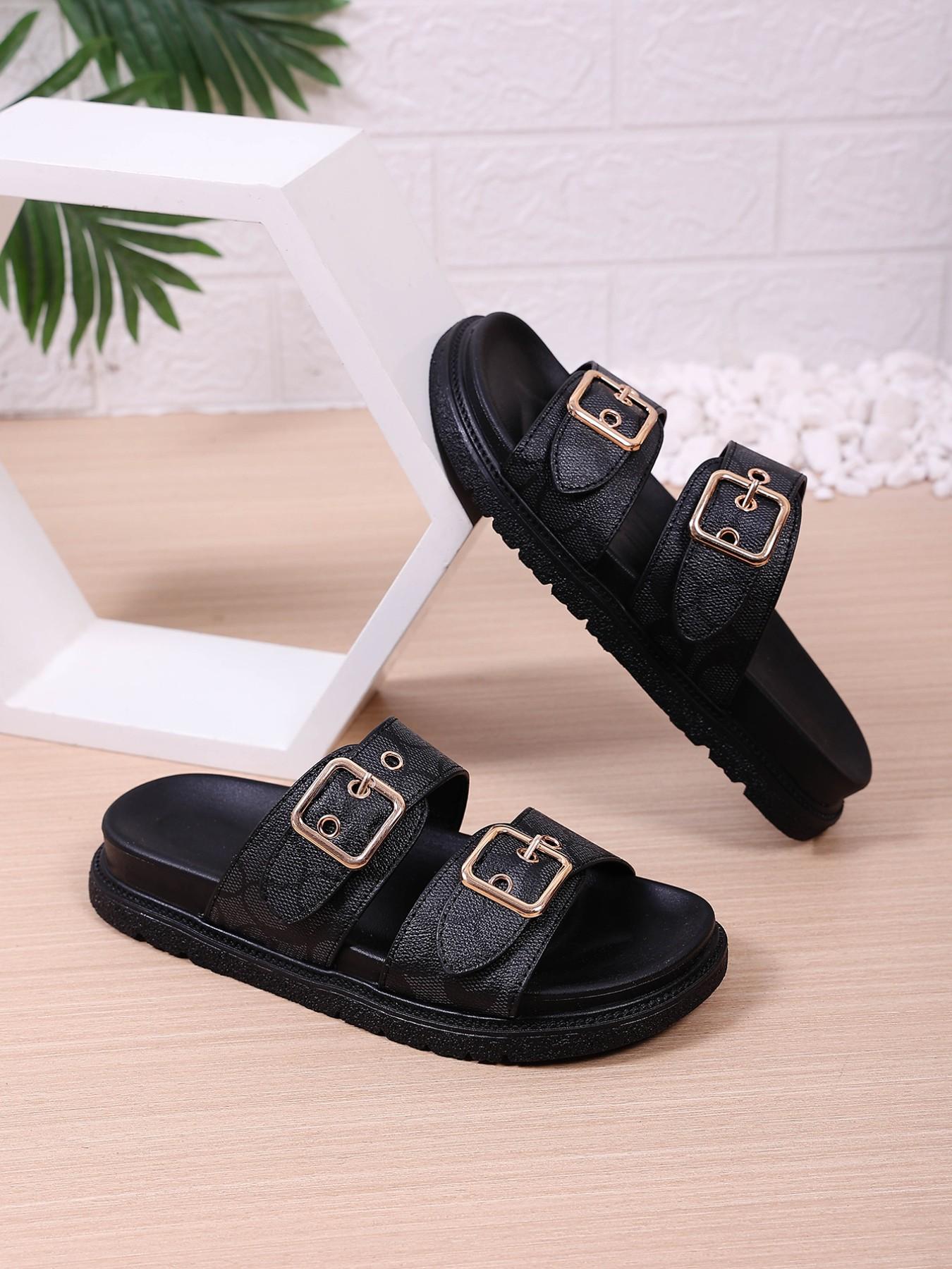 European Style Thick Sole Buckle Sandals for Women, Versatile Plain PU Leather Beach Shoes, Casual Open-Toe Flip Flops Summer European Style Thick Sole Buckle Sandals for Women, Versatile Plain PU Leather Beach Shoes, Casual Open-Toe Flip Flops Summer