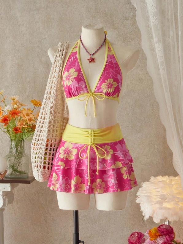 Women's Floral Print Halter Bikini Set, Casual Style Swimsuit for Summer Beach, Festival and Vacation, Fitted Swim Top & Swim Panty & Skirt Three-Piece Set, Bikini Outfits, Floral Print Bikinis, Floral Print Swimsuits Women's Floral Print Halter Bikini Set, Casual Style Swimsuit for Summer Beach, Festival and Vacation, Fitted Swim Top & Swim Panty & Skirt Three-Piece Set, Bikini Outfits, Floral Print Bikinis, Floral Print Swimsuits
