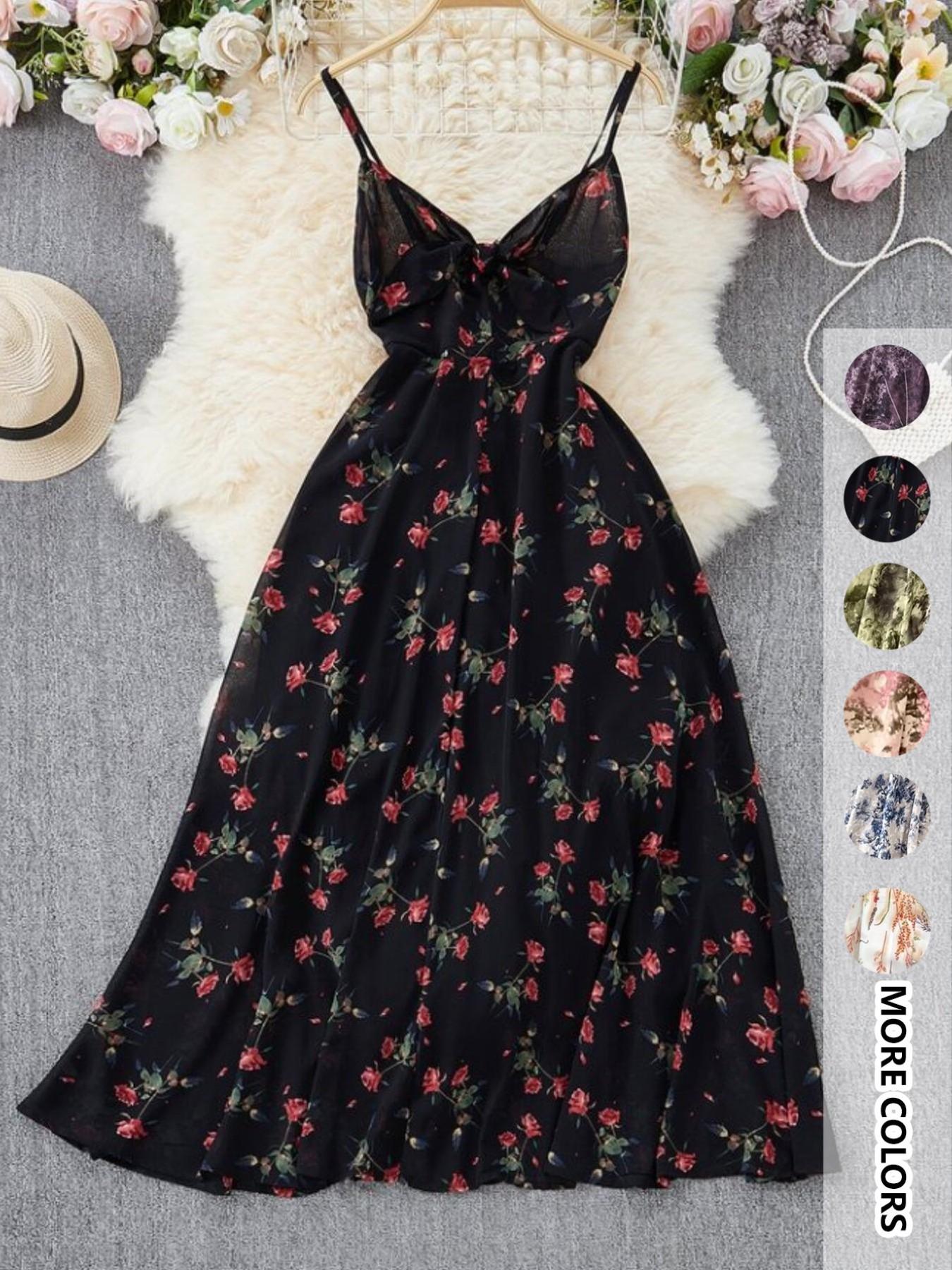 Women's Boho Style Floral-Print Spaghetti Strap Cami Dress, Bohemian Fashion Casual A-Line Dress for Beach Holiday Vacation, Perfect for Summer