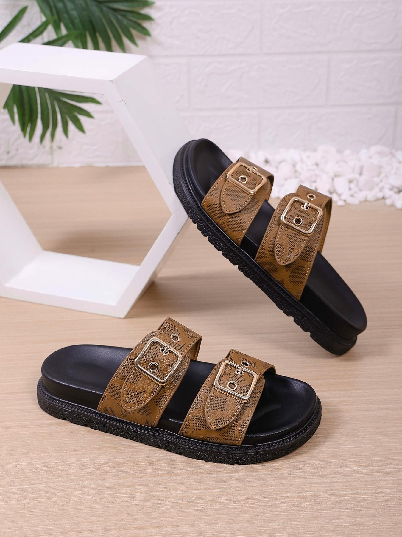 European Style Thick Sole Buckle Sandals for Women, Versatile Plain PU Leather Beach Shoes, Casual Open-Toe Flip Flops Summer European Style Thick Sole Buckle Sandals for Women, Versatile Plain PU Leather Beach Shoes, Casual Open-Toe Flip Flops Summer