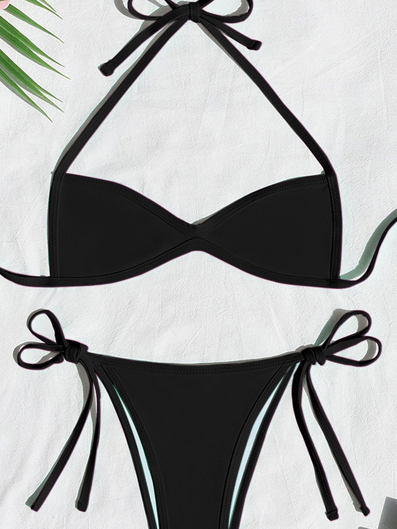 Women's Two-piece Plain or Colorblock Bikinis Set for Summer, Halter Tie-Back Bikini Top & Tie-Side High-Cut Bikini Bottom, Ladies Summer Swimwear for Beach Holiday Women's Two-piece Plain or Colorblock Bikinis Set for Summer, Halter Tie-Back Bikini Top & Tie-Side High-Cut Bikini Bottom, Ladies Summer Swimwear for Beach Holiday