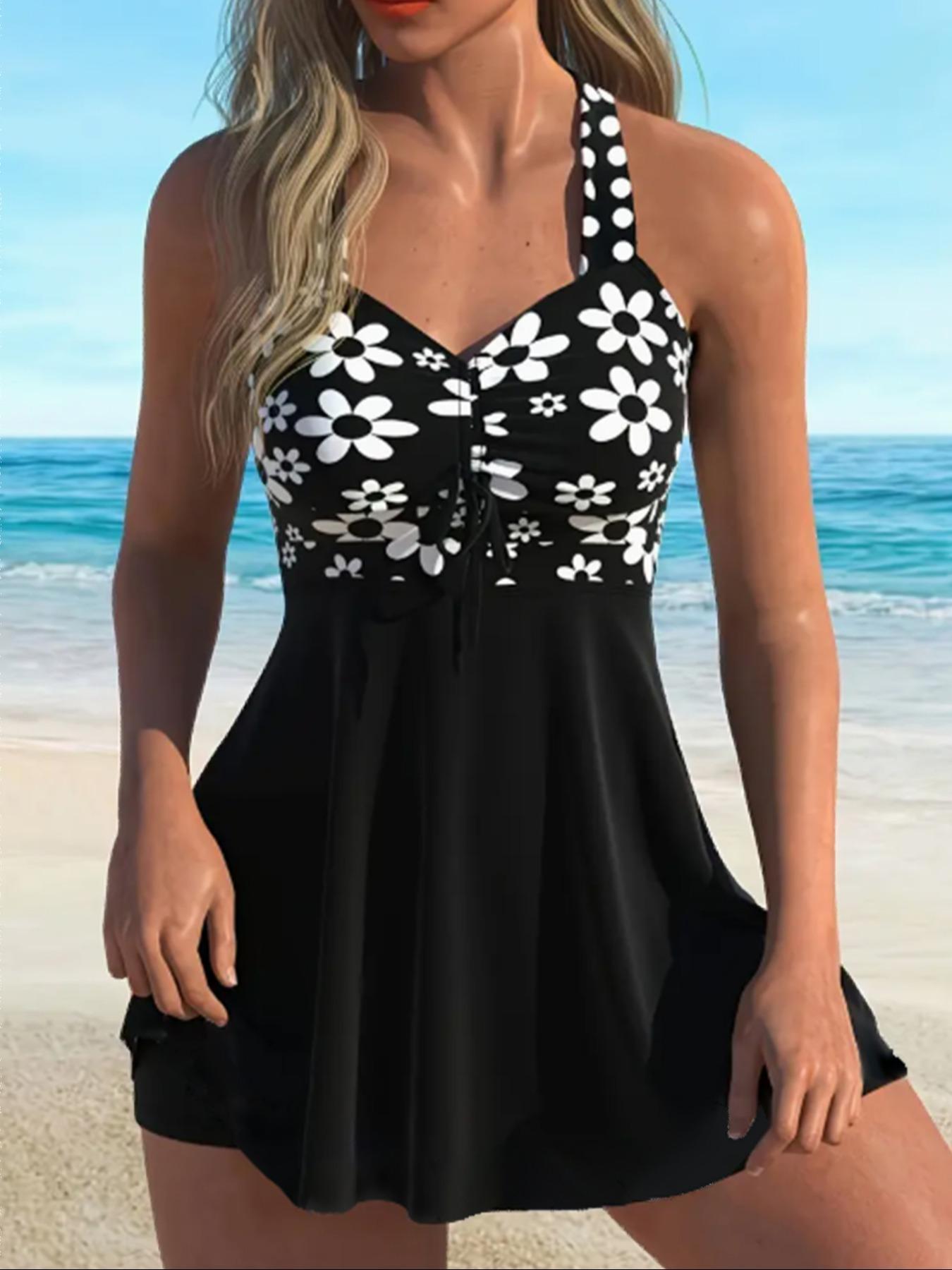 Women's Plants Print V Neck Swimdress & Tankini Set, Casual Sleeveless Swim Dress & Swim Top Two-piece Swimsuit for Beach Holiday Vacation, Ladies Swimwear for All Seasons Women's Plants Print V Neck Swimdress & Tankini Set, Casual Sleeveless Swim Dress & Swim Top Two-piece Swimsuit for Beach Holiday Vacation, Ladies Swimwear for All Seasons