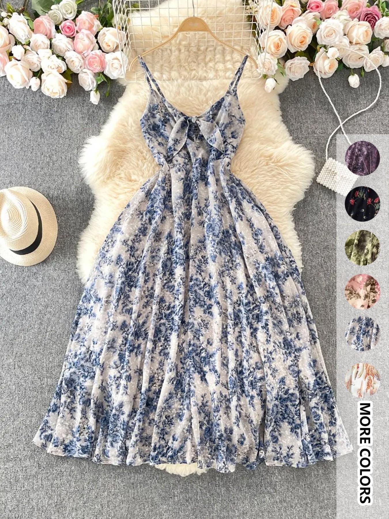 Women's Boho Style Floral-Print Spaghetti Strap Cami Dress, Bohemian Fashion Casual A-Line Dress for Beach Holiday Vacation, Perfect for Summer