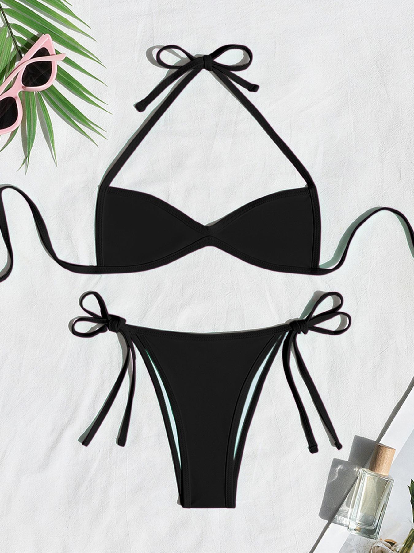 Women's Two-piece Plain or Colorblock Bikinis Set for Summer, Halter Tie-Back Bikini Top & Tie-Side High-Cut Bikini Bottom, Ladies Summer Swimwear for Beach Holiday Women's Two-piece Plain or Colorblock Bikinis Set for Summer, Halter Tie-Back Bikini Top & Tie-Side High-Cut Bikini Bottom, Ladies Summer Swimwear for Beach Holiday