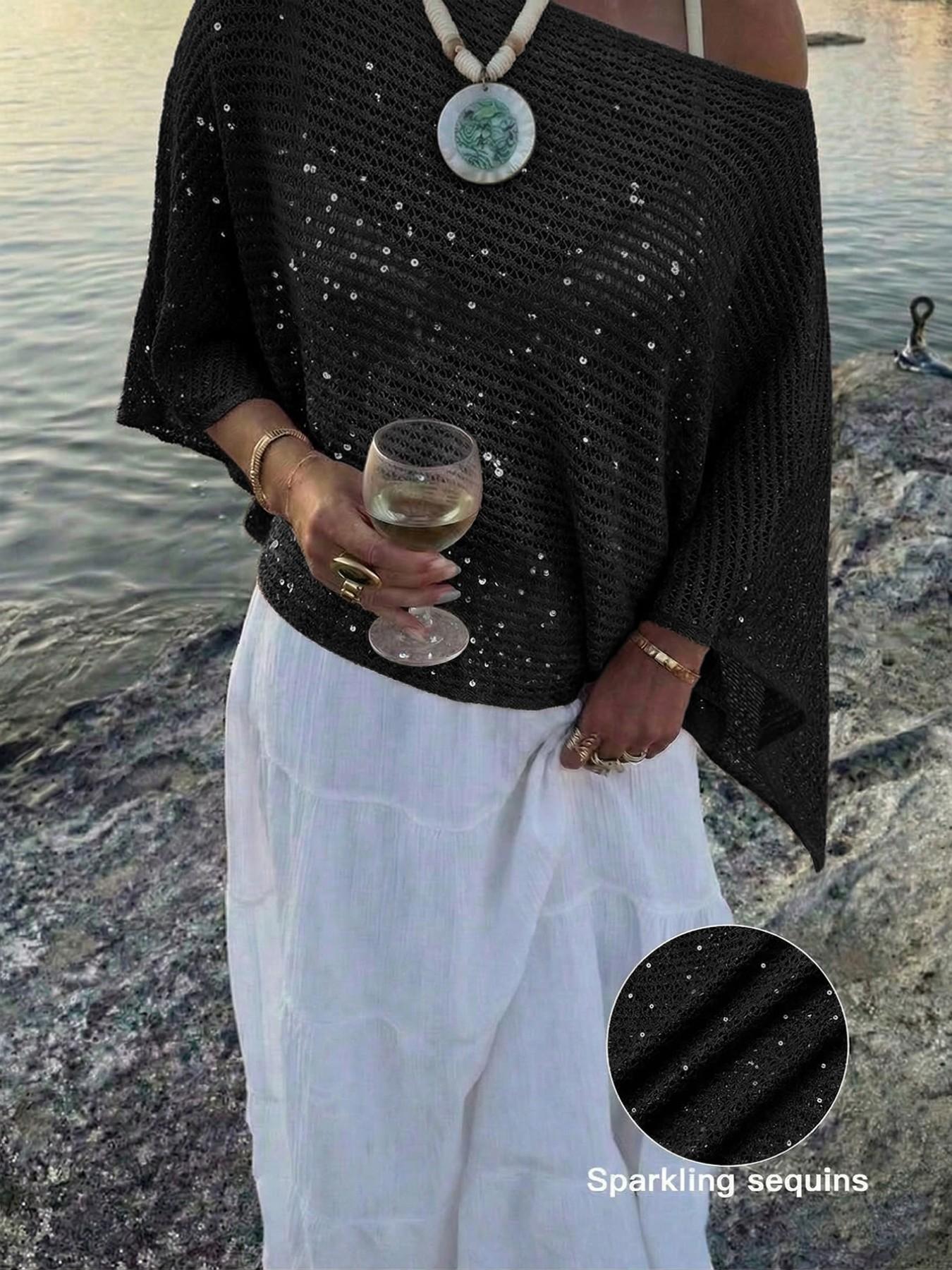 Elegant Women's Spring Summer Fashion Casual Knitted Hollow Out Hoodie, Sequin Boat Neck Pure Color Semi-Transparent Top Elegant Women's Spring Summer Fashion Casual Knitted Hollow Out Hoodie, Sequin Boat Neck Pure Color Semi-Transparent Top