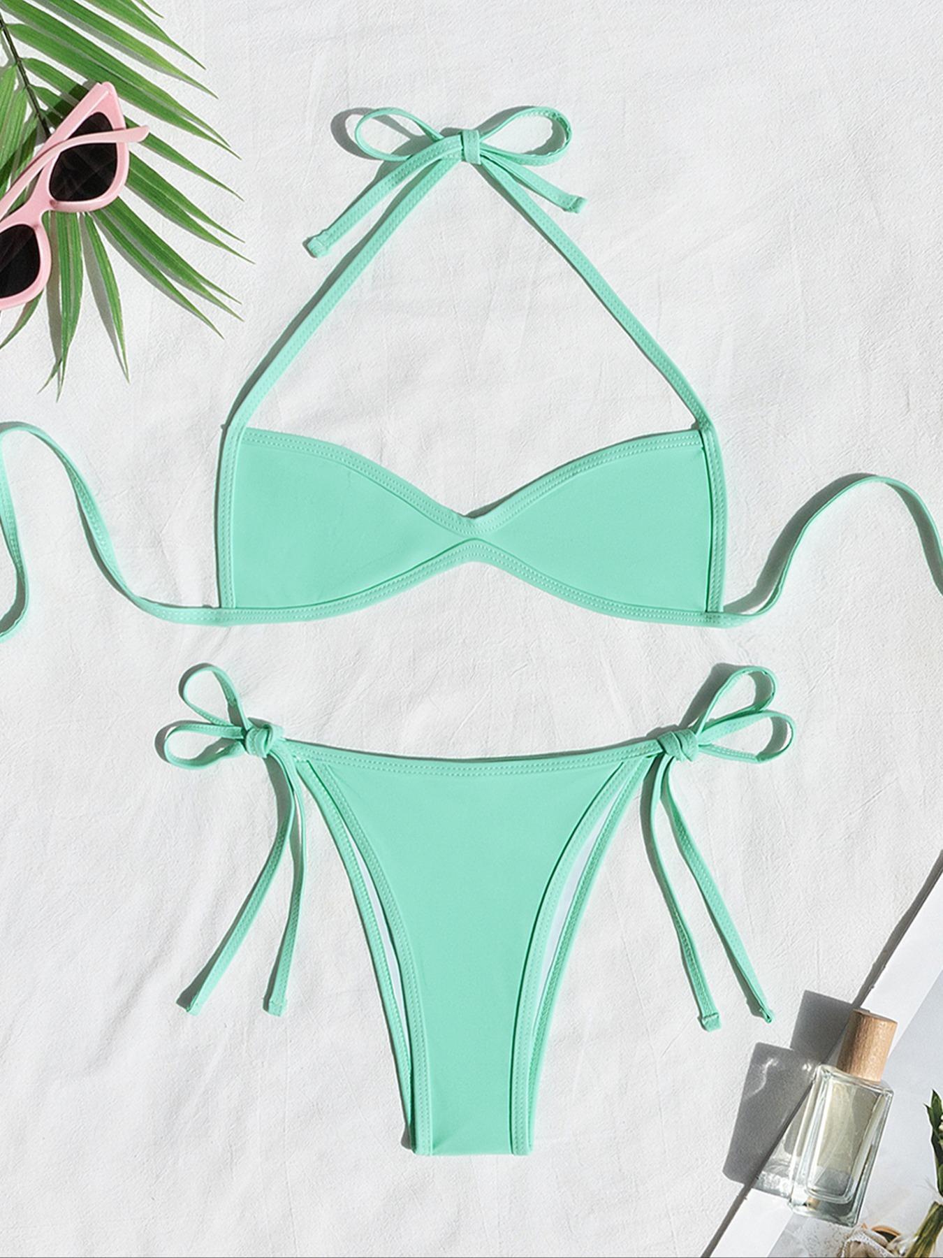 Women's Two-piece Plain or Colorblock Bikinis Set for Summer, Halter Tie-Back Bikini Top & Tie-Side High-Cut Bikini Bottom, Ladies Summer Swimwear for Beach Holiday Women's Two-piece Plain or Colorblock Bikinis Set for Summer, Halter Tie-Back Bikini Top & Tie-Side High-Cut Bikini Bottom, Ladies Summer Swimwear for Beach Holiday