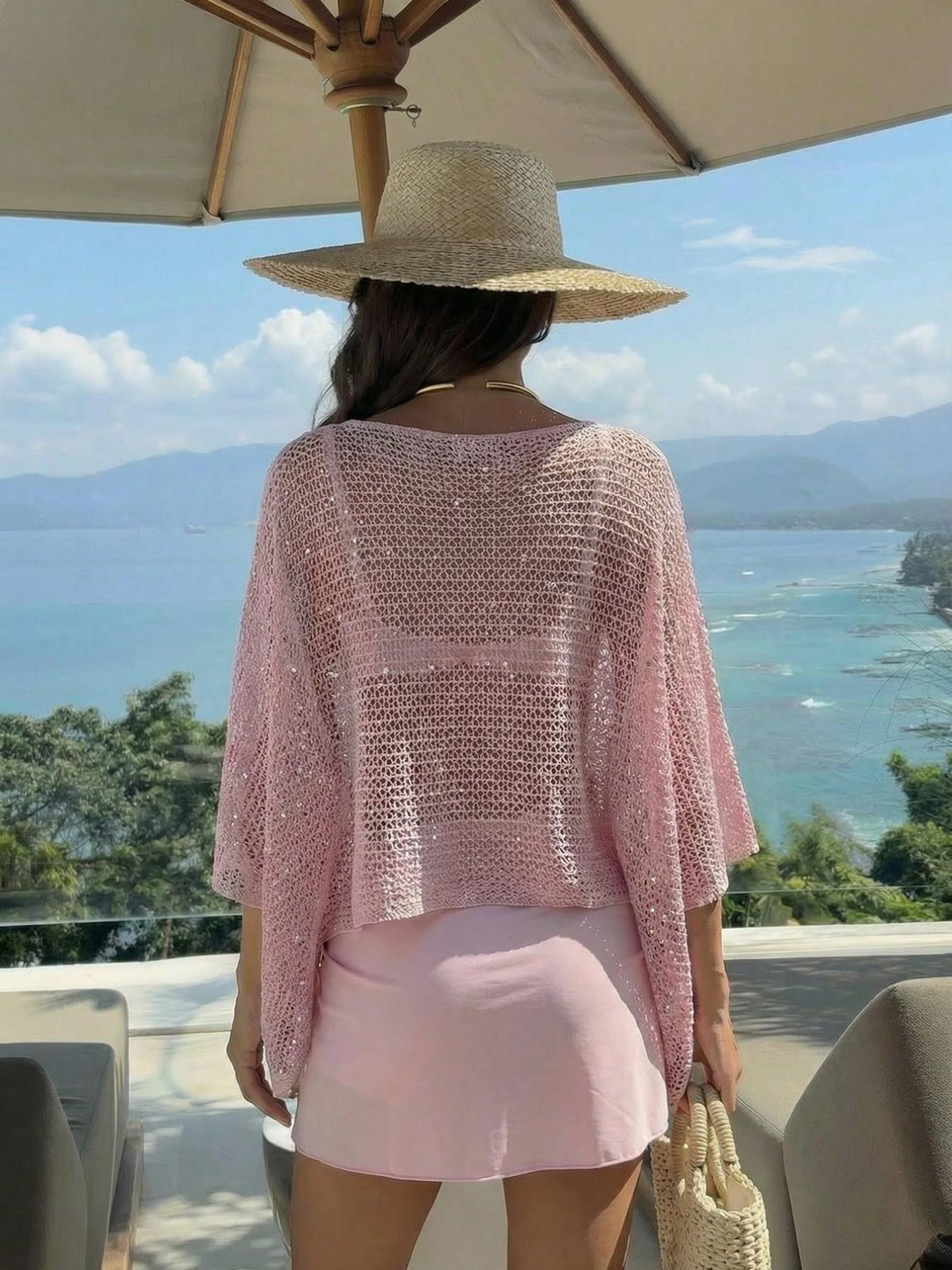Elegant Women's Spring Summer Fashion Casual Knitted Hollow Out Hoodie, Sequin Boat Neck Pure Color Semi-Transparent Top Elegant Women's Spring Summer Fashion Casual Knitted Hollow Out Hoodie, Sequin Boat Neck Pure Color Semi-Transparent Top
