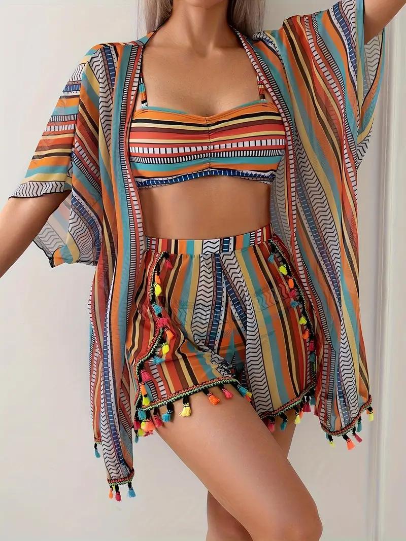 BIGWIG Women's Strappy Set, Four-Piece Printed Swimsuit, Sexy Bandage-Style Beachwear, Bohemian Resort Set, Sun Protection Cover-Up, Sexy Tassel Four-Piece Set, Swimsuit Set bathing suit bikini tankini women Floral Silk rash guard BIGWIG Women's Strappy Set, Four-Piece Printed Swimsuit, Sexy Bandage-Style Beachwear, Bohemian Resort Set, Sun Protection Cover-Up, Sexy Tassel Four-Piece Set, Swimsuit Set bathing suit bikini tankini women Floral Silk rash guard