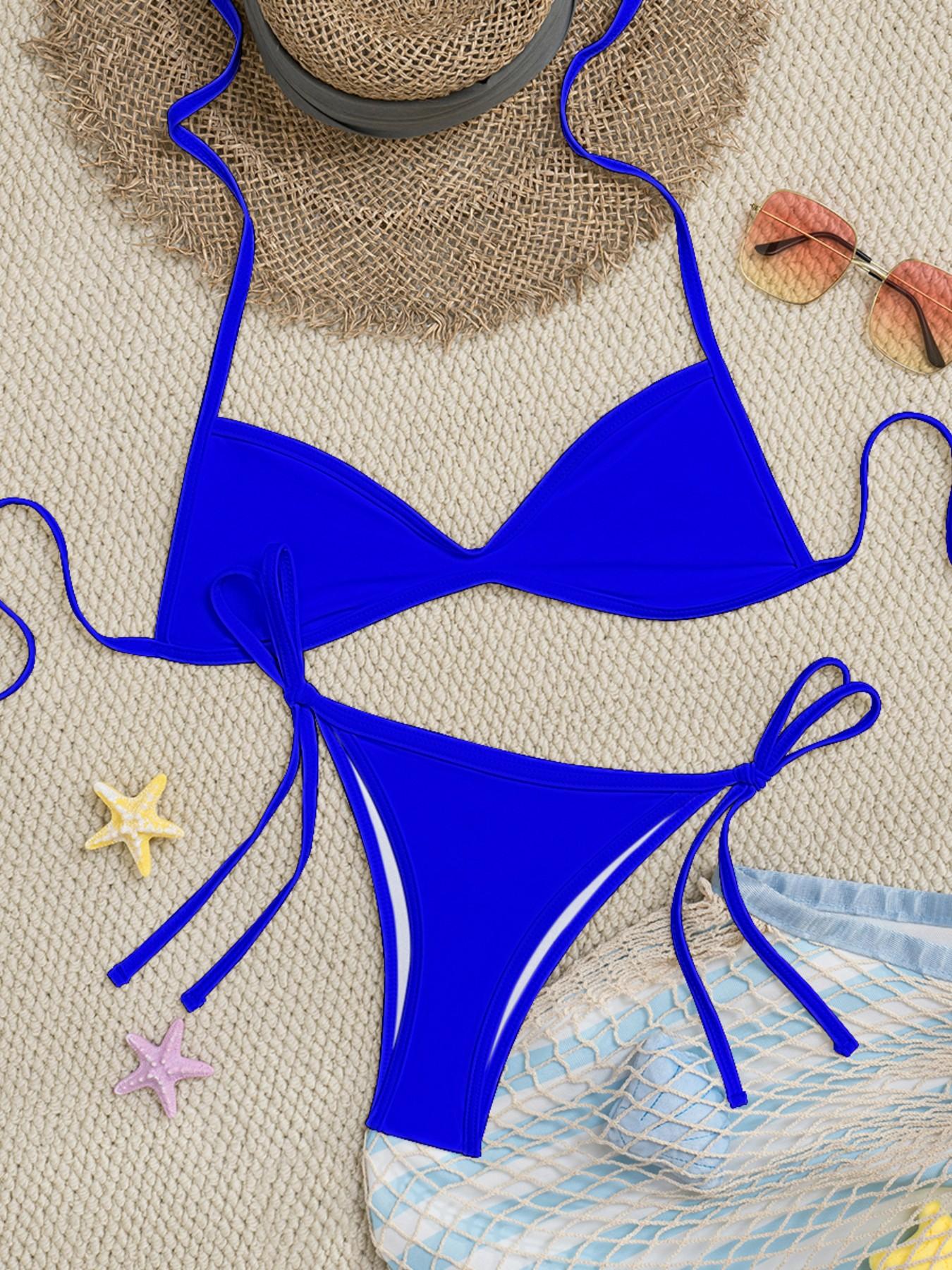 Women's Two-piece Plain or Colorblock Bikinis Set for Summer, Halter Tie-Back Bikini Top & Tie-Side High-Cut Bikini Bottom, Ladies Summer Swimwear for Beach Holiday Women's Two-piece Plain or Colorblock Bikinis Set for Summer, Halter Tie-Back Bikini Top & Tie-Side High-Cut Bikini Bottom, Ladies Summer Swimwear for Beach Holiday