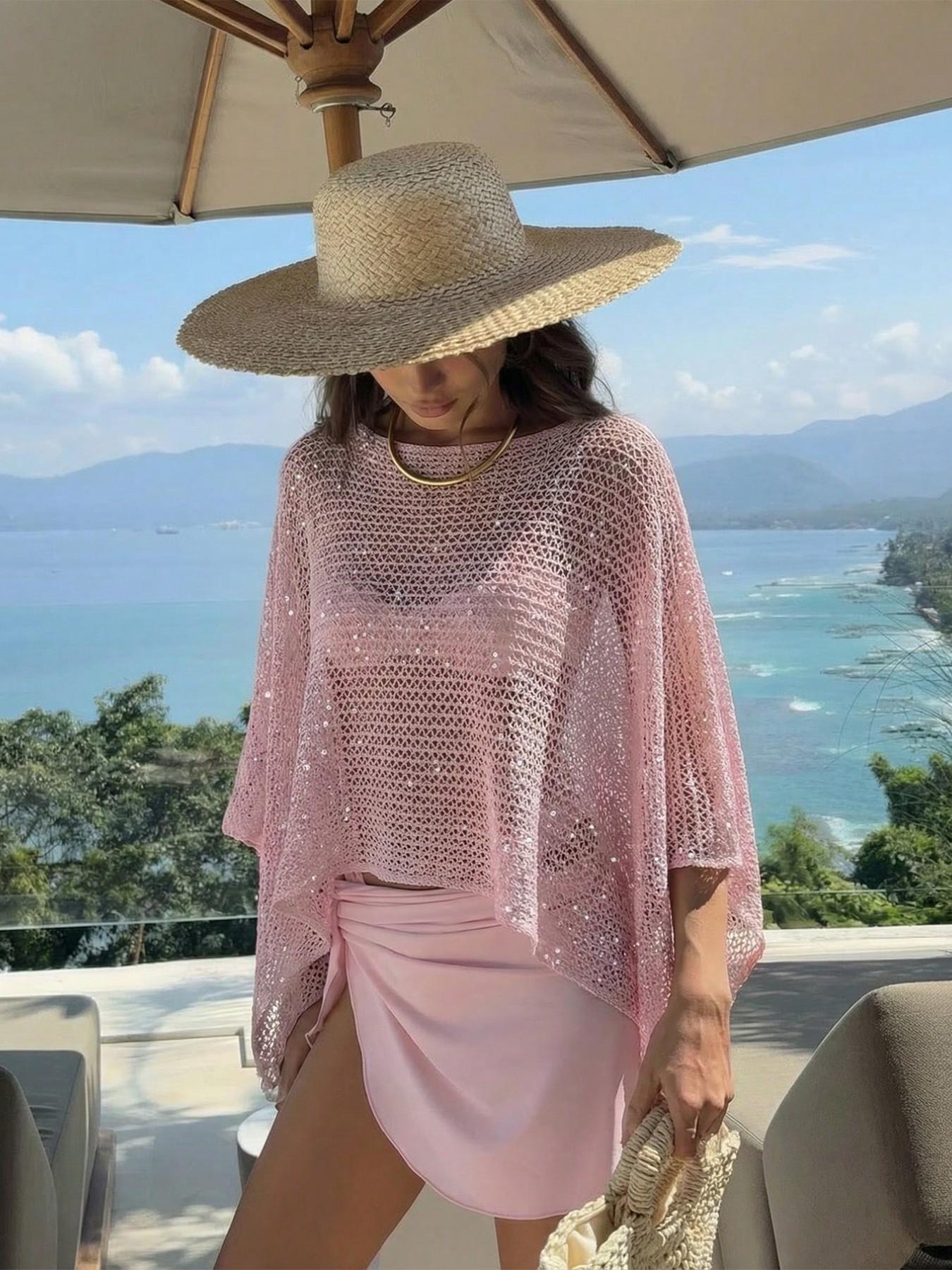 Elegant Women's Spring Summer Fashion Casual Knitted Hollow Out Hoodie, Sequin Boat Neck Pure Color Semi-Transparent Top Elegant Women's Spring Summer Fashion Casual Knitted Hollow Out Hoodie, Sequin Boat Neck Pure Color Semi-Transparent Top