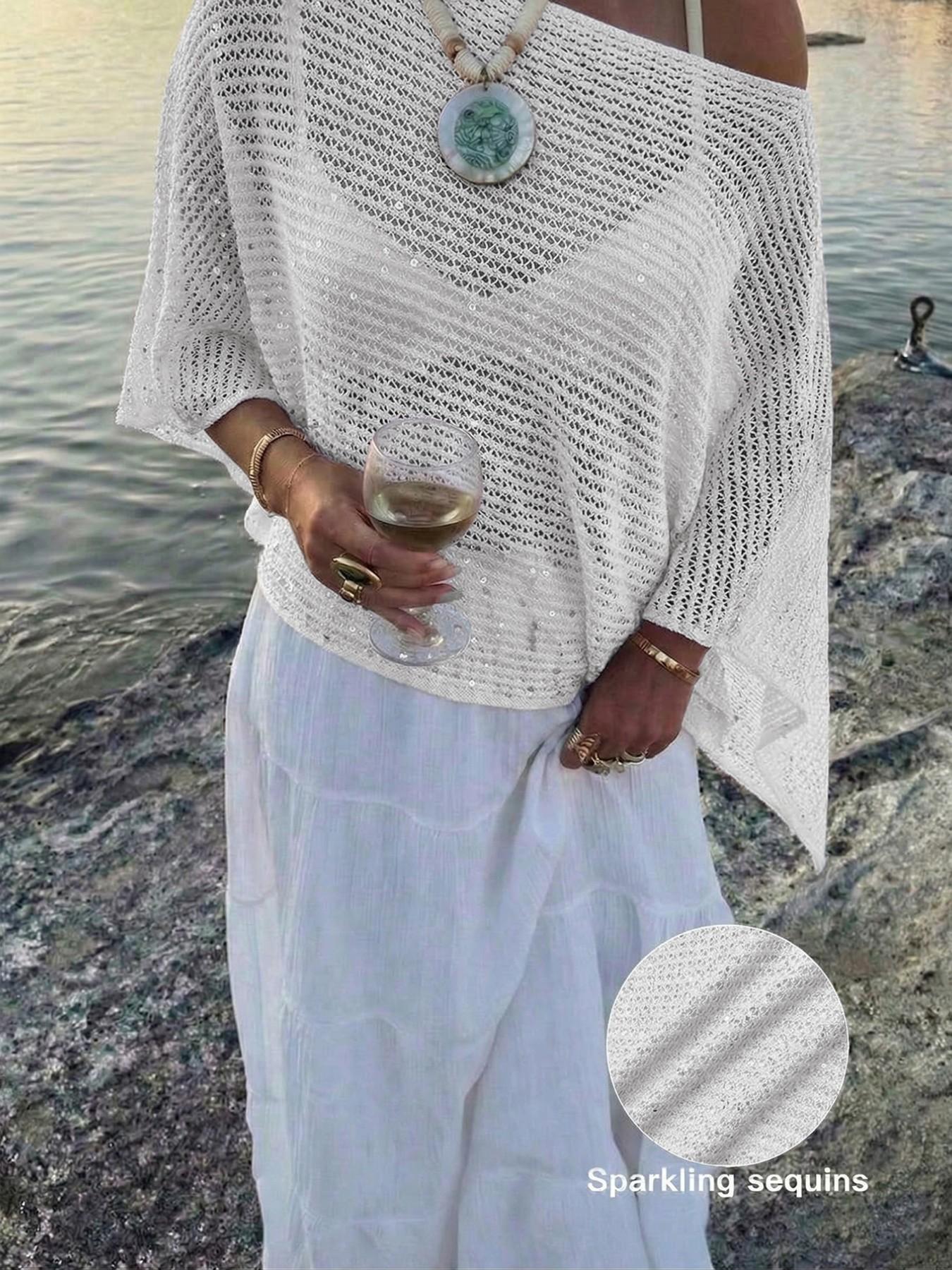 Elegant Women's Spring Summer Fashion Casual Knitted Hollow Out Hoodie, Sequin Boat Neck Pure Color Semi-Transparent Top Elegant Women's Spring Summer Fashion Casual Knitted Hollow Out Hoodie, Sequin Boat Neck Pure Color Semi-Transparent Top