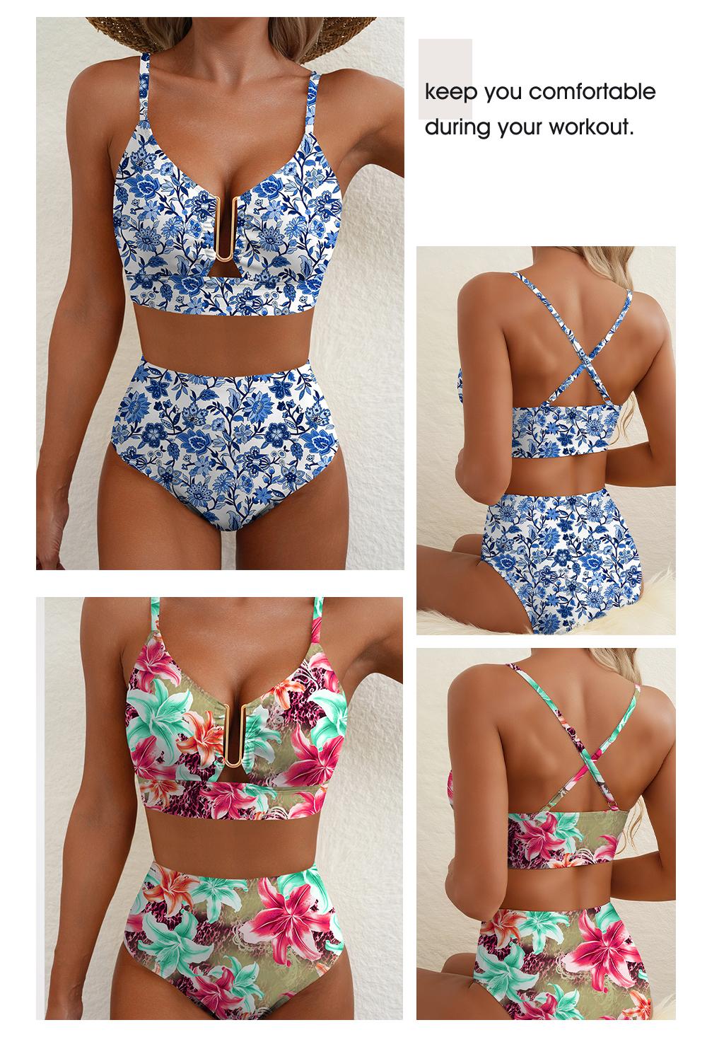 Aleumdr Floral High Waisted Bikini Set for Women – Sexy Two Piece Removable Pad Swimsuit with V Neck Adjustable Straps & Tummy Control Swimwear Swimming Beach SwimWeek Vacationoutfits Summerstyle