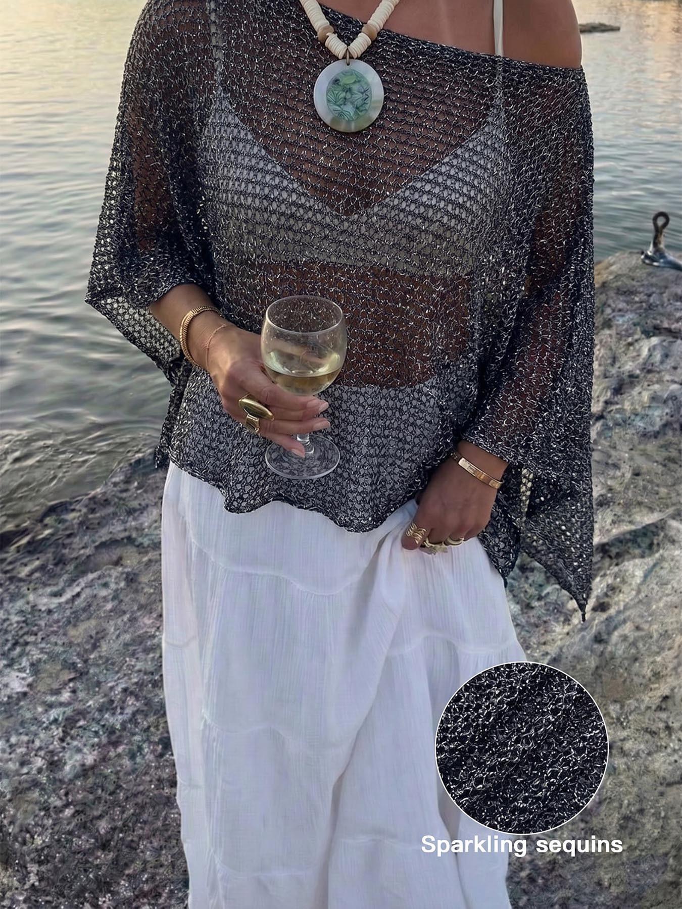 Elegant Women's Spring Summer Fashion Casual Knitted Hollow Out Hoodie, Sequin Boat Neck Pure Color Semi-Transparent Top Elegant Women's Spring Summer Fashion Casual Knitted Hollow Out Hoodie, Sequin Boat Neck Pure Color Semi-Transparent Top
